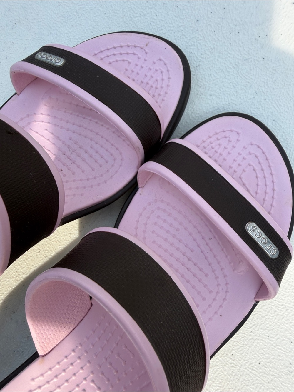 CROCS Women's Pink and Black Dual-Strap Slide Sandals - Picture 2 of 6